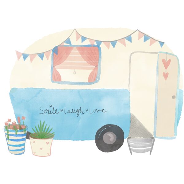 Cream  pink and blue caravan Thumbnail